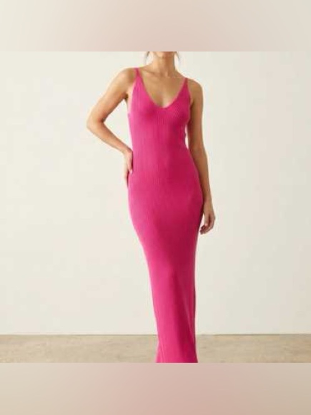 Freshman Hot Pink Ribbed V-Neck Maxi Dress
